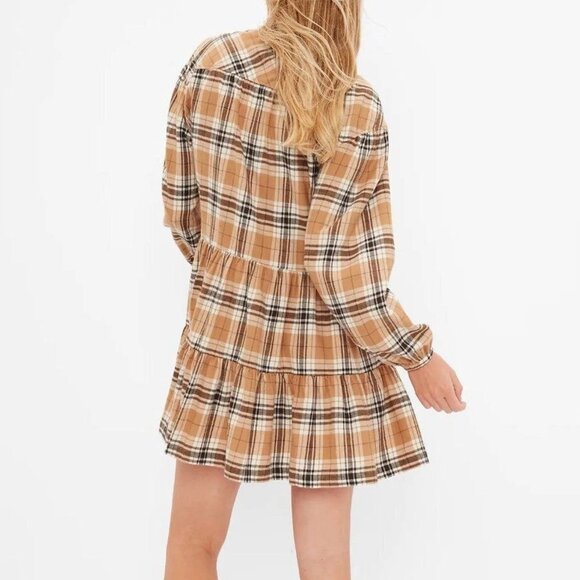 GAP Womens L Camel Plaid Button-Front Long Sleeve Tiered Dress Cotton Comfy Chic - Picture 2 of 14